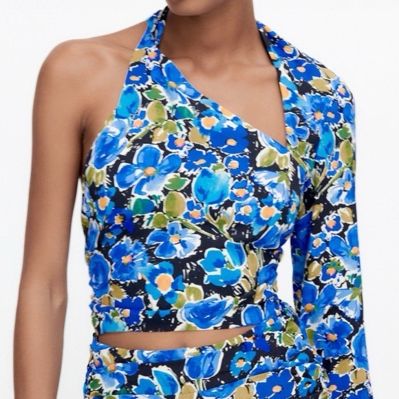 Zara Tops - Zara Blue Floral Print Asymmetric Top Size M